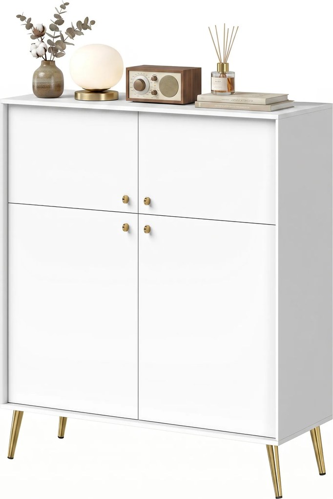 HOMCOM Nowoczesny sideboard, bufet 105,4 cm z 4 drzwiami Soft-Close i metalowymi nóżkami, do jadalni i kuchni, kremowo-biały | Aosom PL
