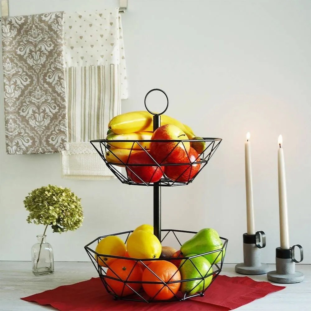 Koszyk na owoce i warzywa miska 2-poziomowa loft 43 cm (Czarny)