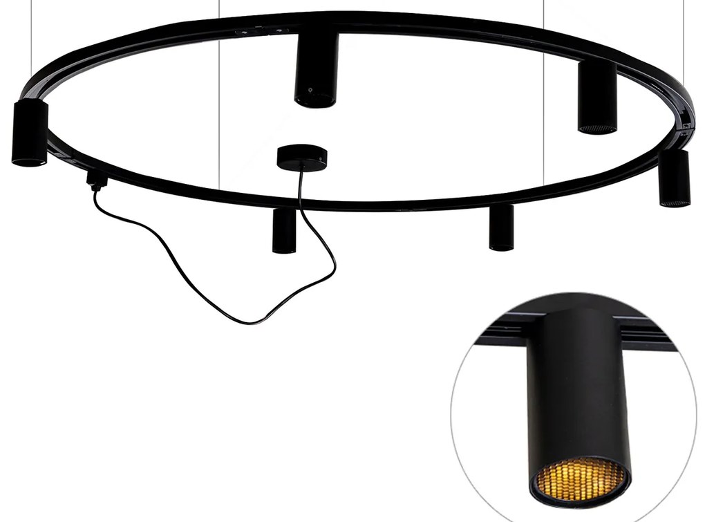 Nowoczesny wiszący system oświetlenia szynowego z 6 czarnymi reflektorami jednofazowymi GU10 50 mm - Iconic Ruby Honey