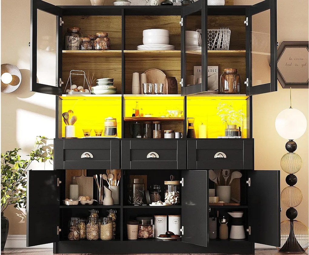 Nowoczesny kredens kuchenny 140x40x175cm - 6 drzwi + 3 szuflady + 9 półek - meble wysokie - z oświetleniem LED - Czarny