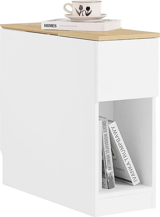 SoBuy Stoliki nocne z 3 przegrodami, stoliki nocne do sofy, salonu, jadalni, kuchni, wysoki wąski stolik biały i drewniany 25 x 65 x 60 cm FBT162-WN