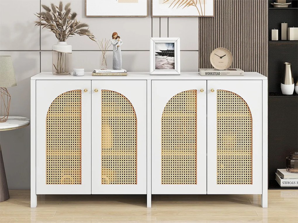 Nowoczesny bufet z regulowanymi półkami - drzwi z rattanu - MDF - Biały