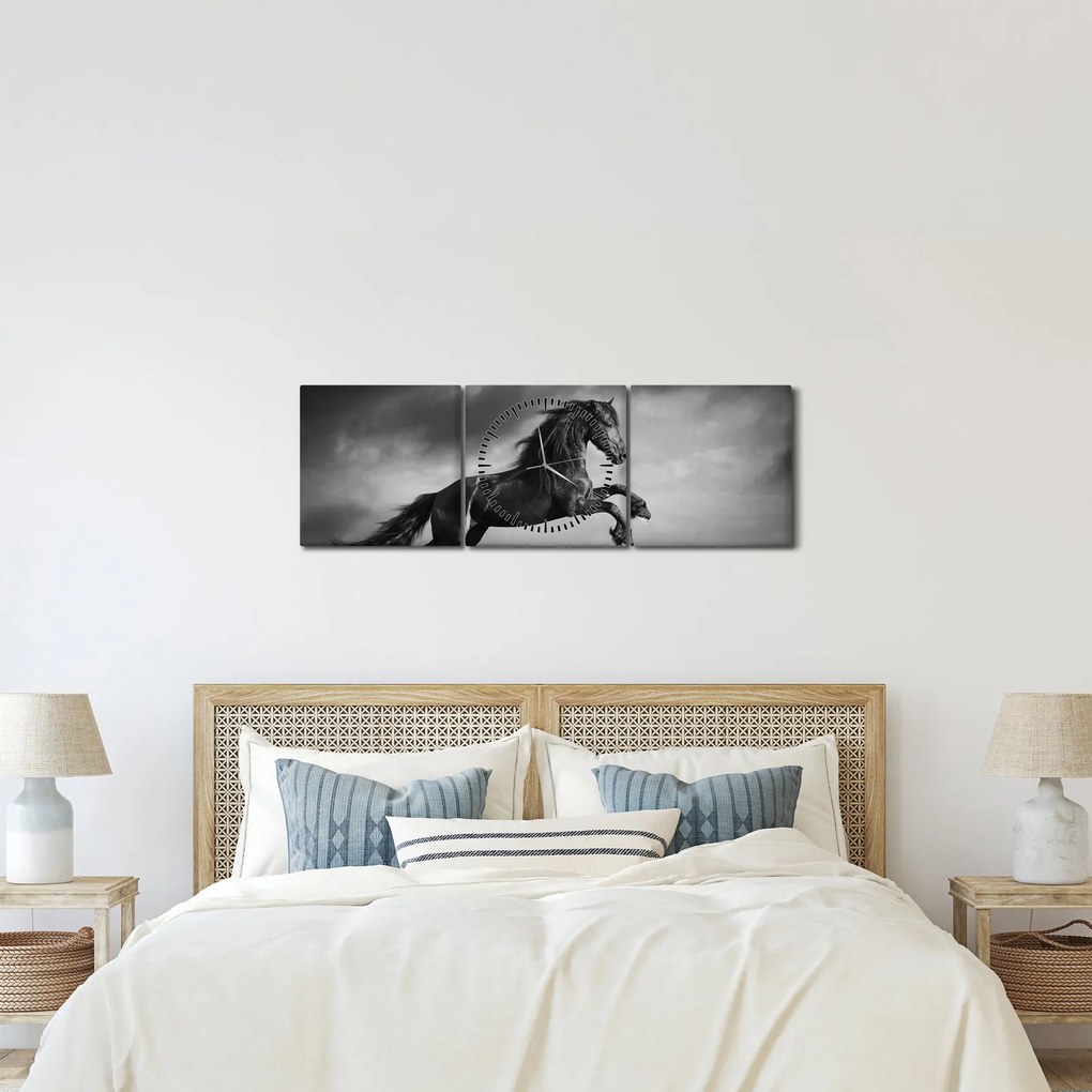 Obraz - Czarny i biały koń (z zegarem) (90x30 cm)