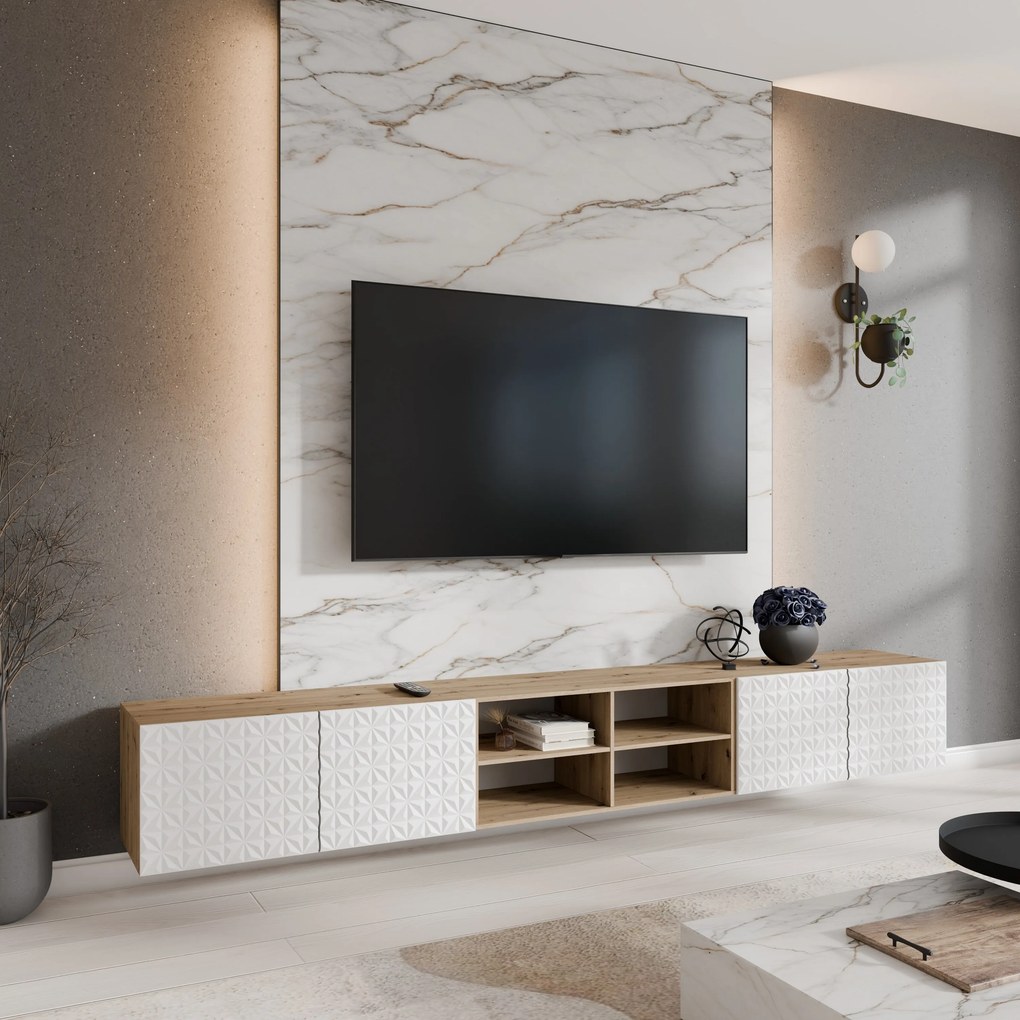 Szafka RTV wisząca ROVA 300 cm do Salonu pod Telewizor - Dąb artisan