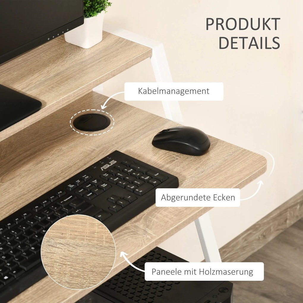 HOMCOM Biurko komputerowe w kolorze biały i dąb Praktyczne z eleganckim designem Idealne do pracy i nauki 84x45x85 cm | Aosom PL