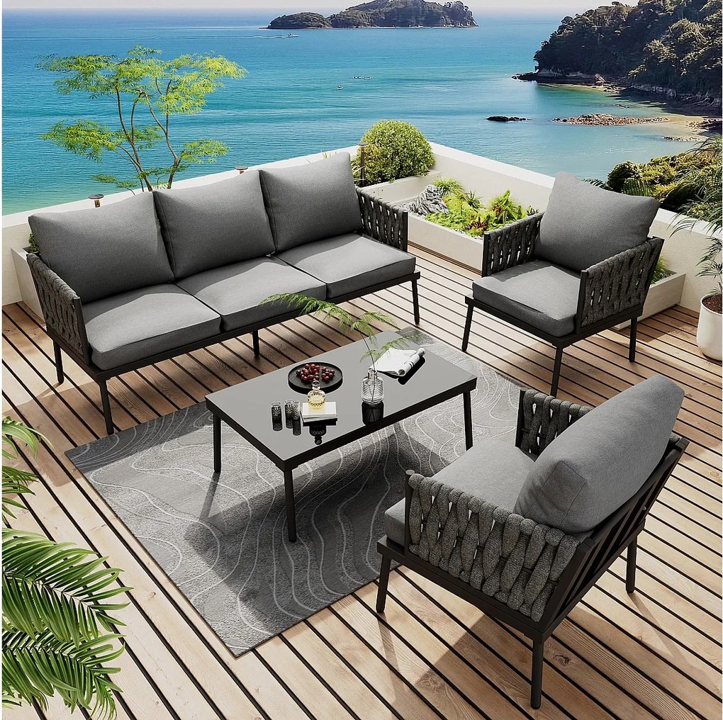 Zestaw mebli ogrodowych modułowych 5-osobowych ze stali ocynkowanej: 1 sofa 3-osobowa + 2 fotele + 1 prostokątny stolik kawowy - Szary