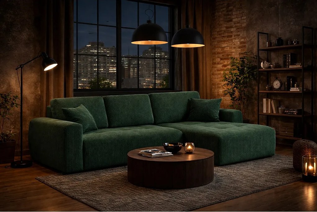 Narożnik w kształcie L z funkcją spania i pojemnikiem Ivo L, tkanina sztruksowa Poso, Zielony, Prawy