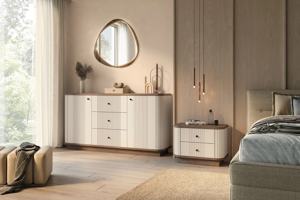 Zestaw szafek nocnych Vesper 56 cm na cokole - kaszmir / orzech / czarne uchwyty