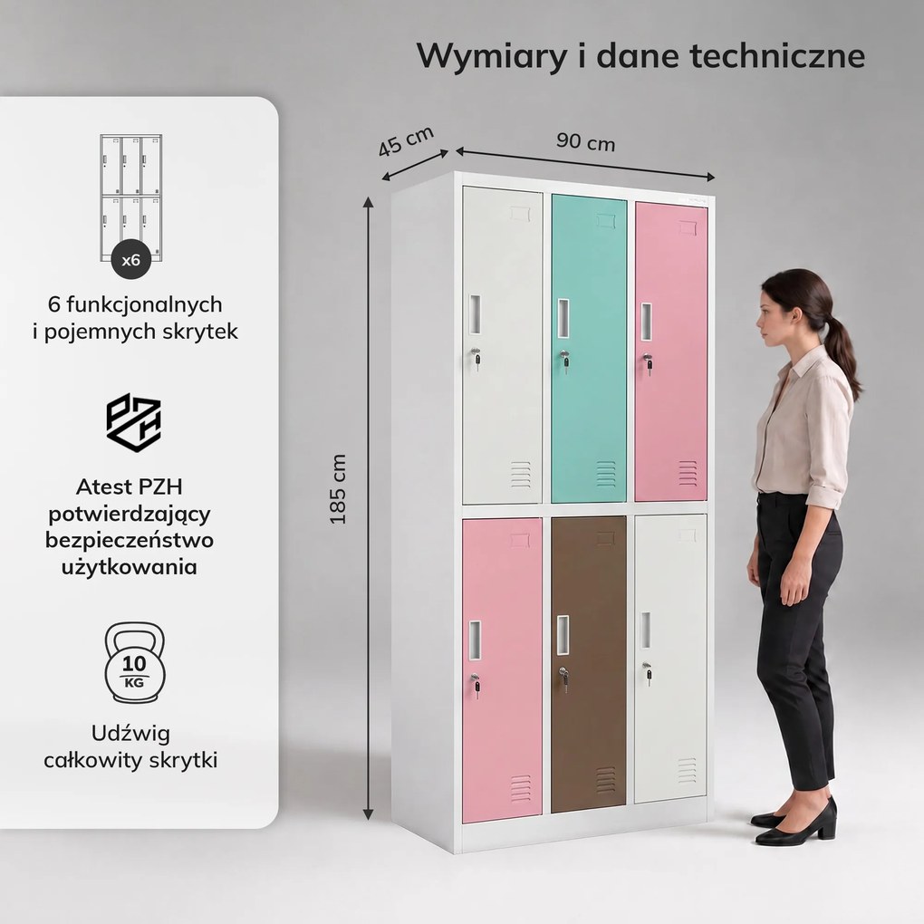Szafka socjalna ubraniowa BHP 6-drzwiowa szaro-pastelowa, 900x1850x450 mm: IGOR