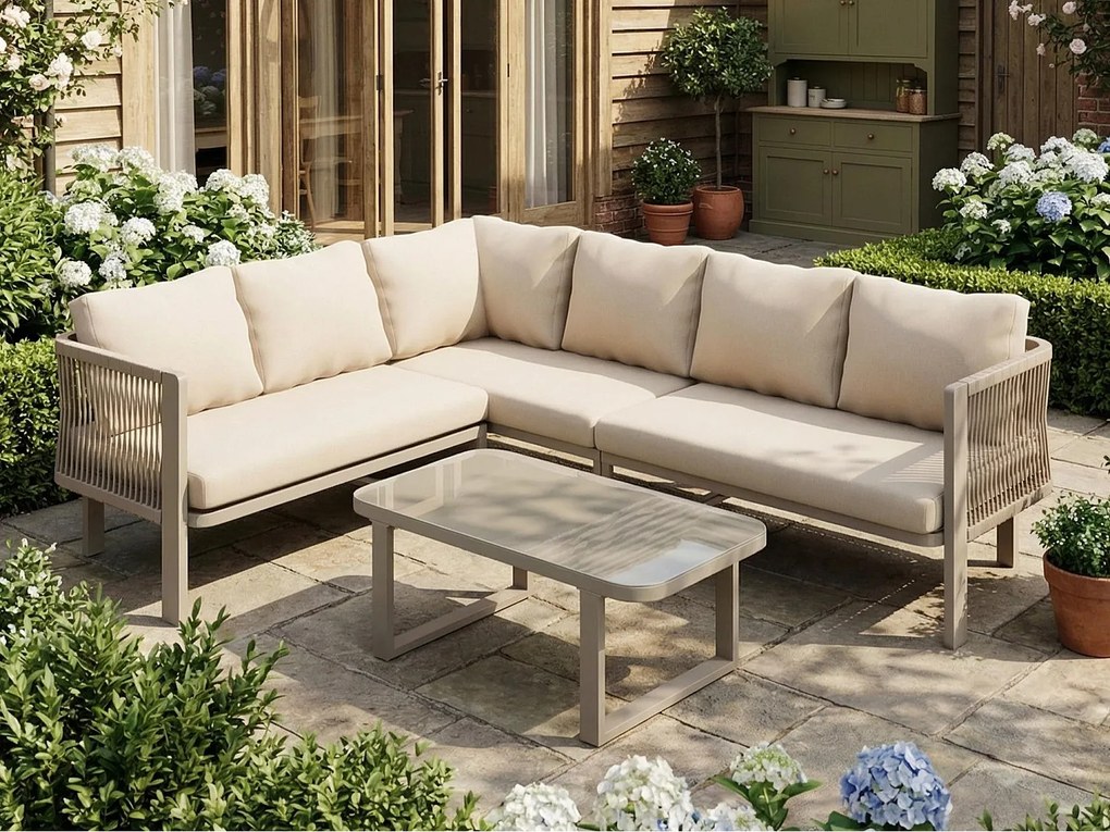 Salon Ogrodowy Narożny 6 Osób ze Stolikiem Kawowym ze Szkła - Podłokietniki z Plecionego Sznurka Teslin - Konstrukcja Stal Ocynkowana - Khaki