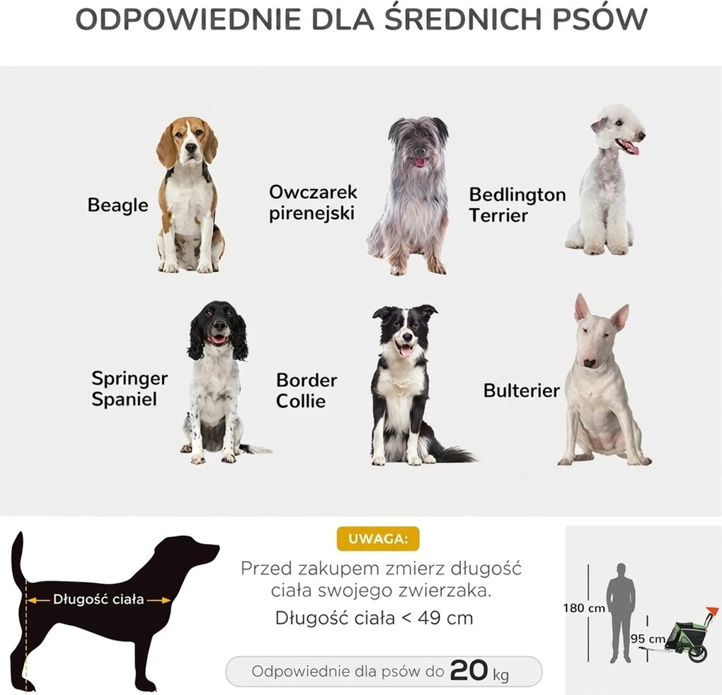 PawHut 2 w 1 Wózek dla Psa Wózek do Biegania z Psem Przyczepa Rowerowa, 2 Elementy Odblaskowe, 1 Linka Bezpieczeństwa, 150 x 68 x 95 cm, Zielony