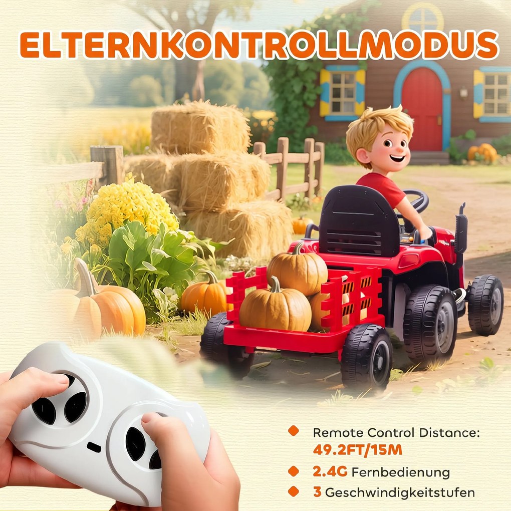 AIYAPLAY Elektryczny traktor dla dzieci, traktor na siedzenie z pilotem, miękki start, dla dzieci w wieku 3-8 lat, Czerwony | Aosom PL