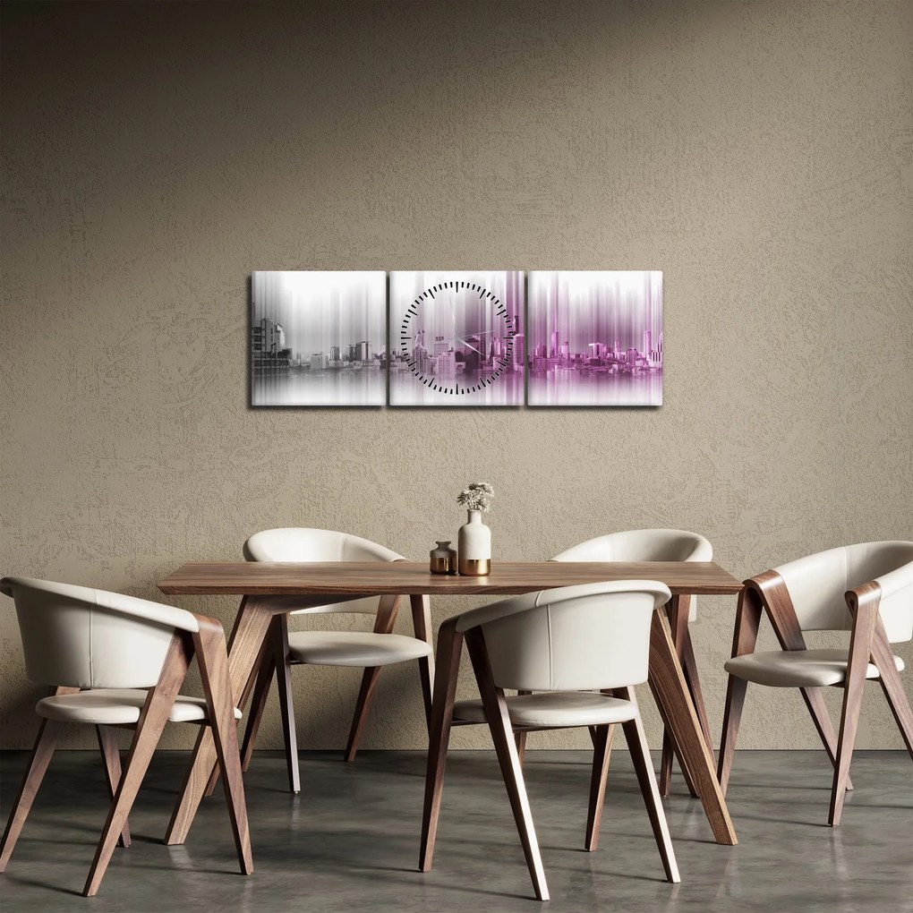 Obraz - Panorama miasta, różowo- szara (z zegarem) (90x30 cm)