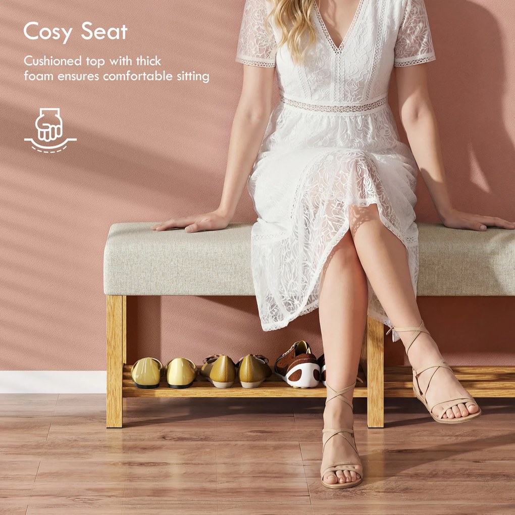 HOMCOM 140 cm Ławka na buty z drewna litego, nowoczesna ławka do przedpokoju z tapicerowanym siedziskiem dla dwóch osób, naturalne drewno i kremowy kolor | Aosom PL