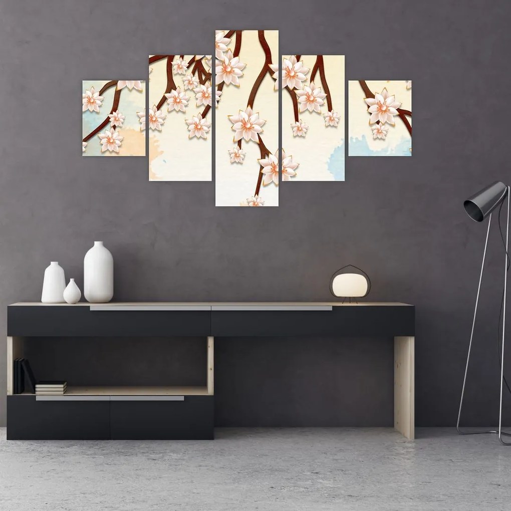 Obraz - Kwiaty na gałęziach, kolorowe (125x70 cm)