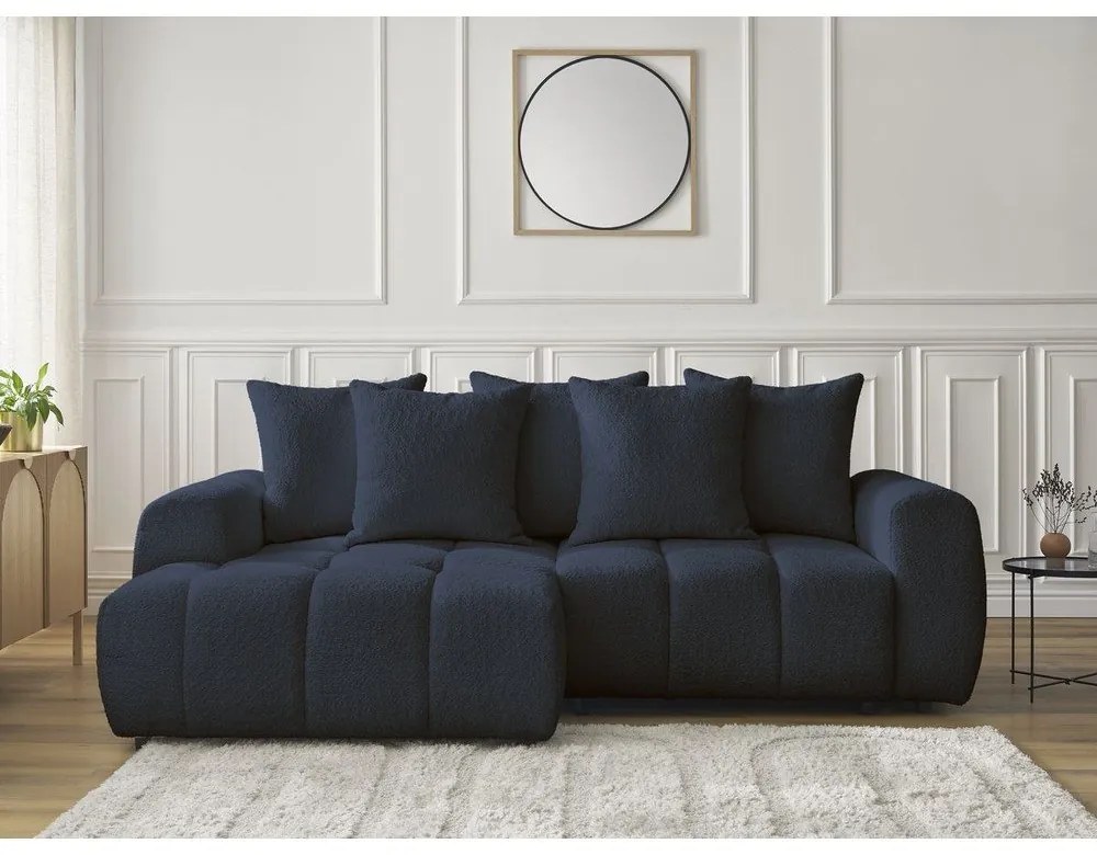 Niebieski rozkładany/ze schowkiem narożnik z materiału bouclé (lewostronny/z szezlongiem) Roxelane – Bobochic Paris