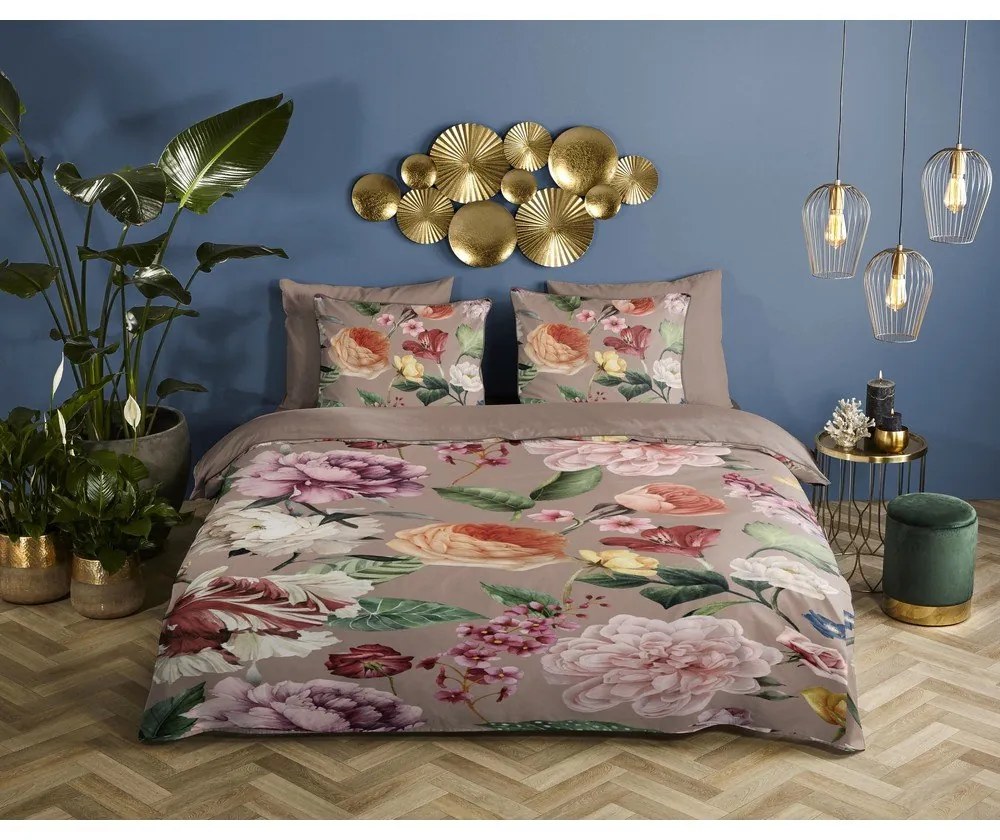 Szara/brązowa pościel dwuosobowa z satyny bawełnianej 240x220 cm Fiori – Descanso