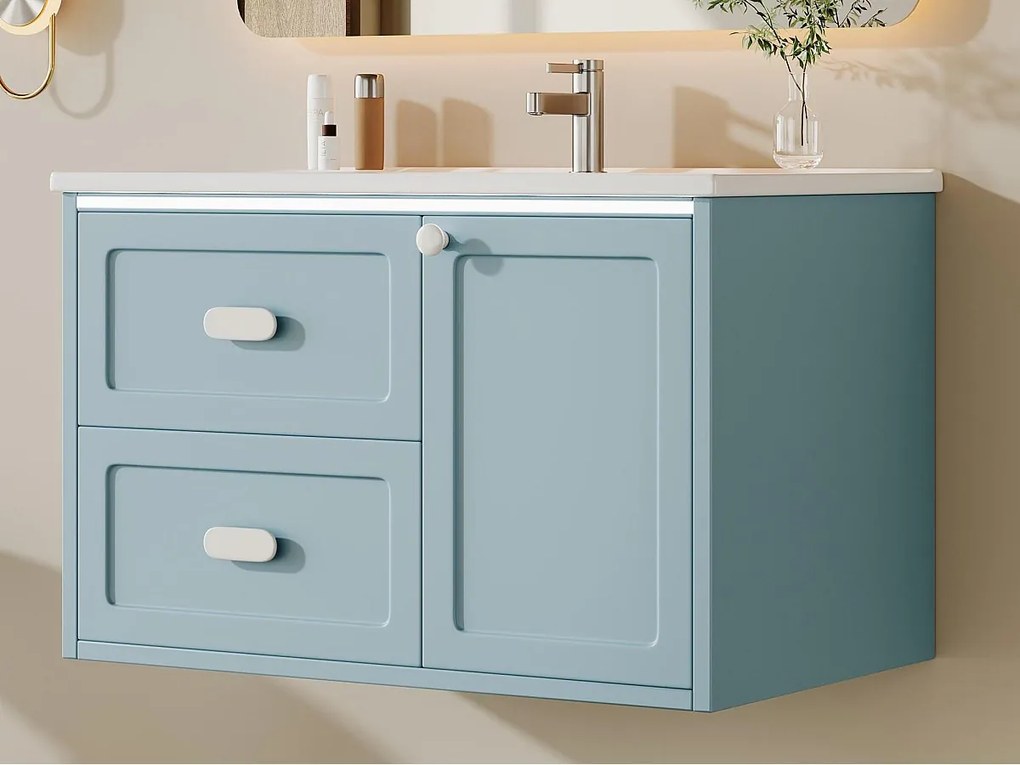 Wiszący mebel łazienkowy 76x46x51 cm - z ceramiczna umywalką - 2 szuflady i 1 drzwi - z LED - Niebieski