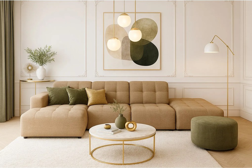 Narożnik z pufą lewostronny Bergamo B  – tkanina Raven 34 jasno brązowa, 341×166×70 cm