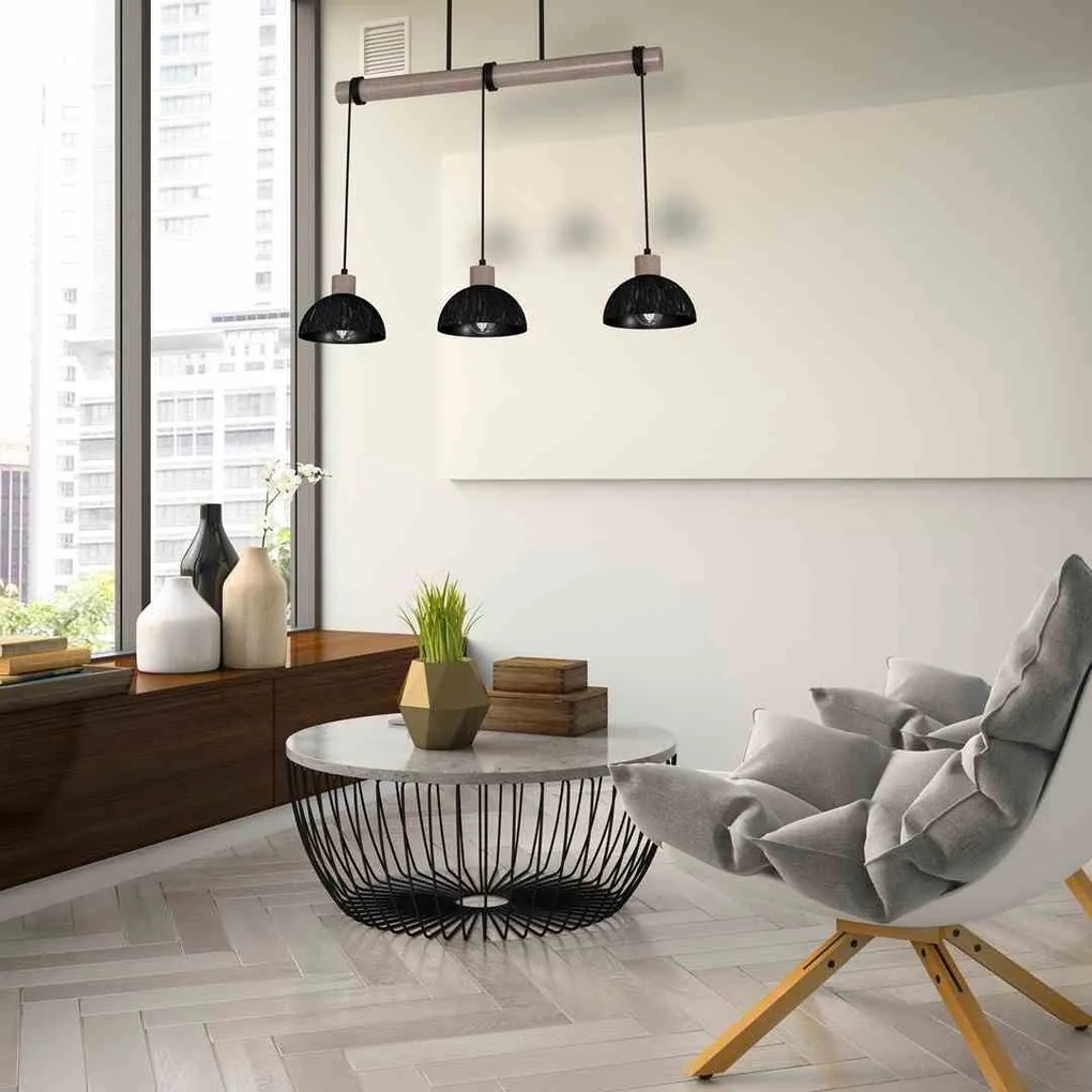 Lampa wisząca, czarna, drewno, potrójna, ERIK Sawn black/Patinated wood 3XE27