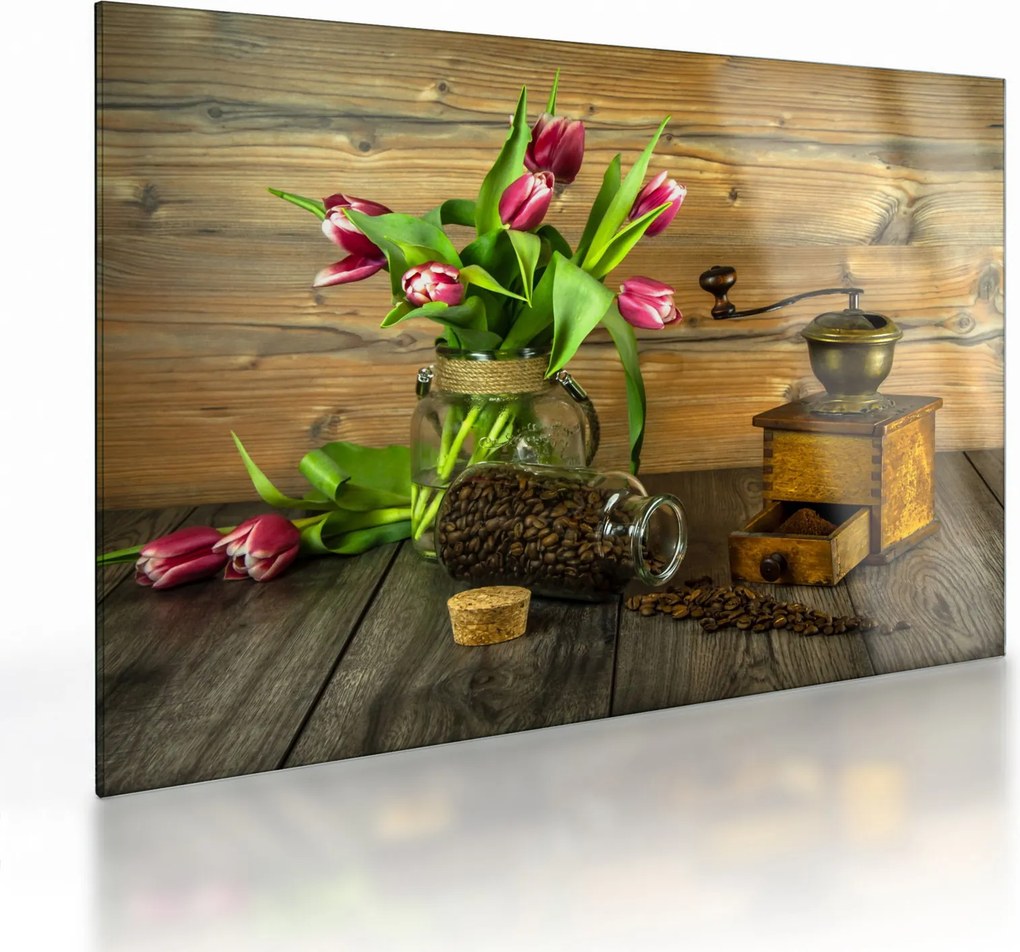 Obraz na szkle - tulipany, młynek i kawa (70x50 cm)