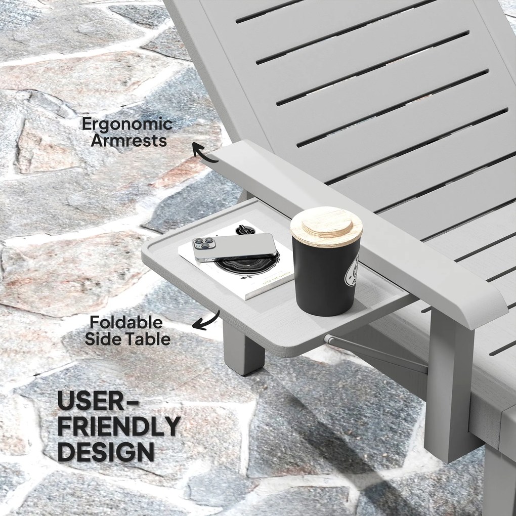 Outsunny Leżak ogrodowy z bocznym stolikiem, wygląd drewna, leżak z 5-stopniową regulacją oparcia, jasnoszary | Aosom PL