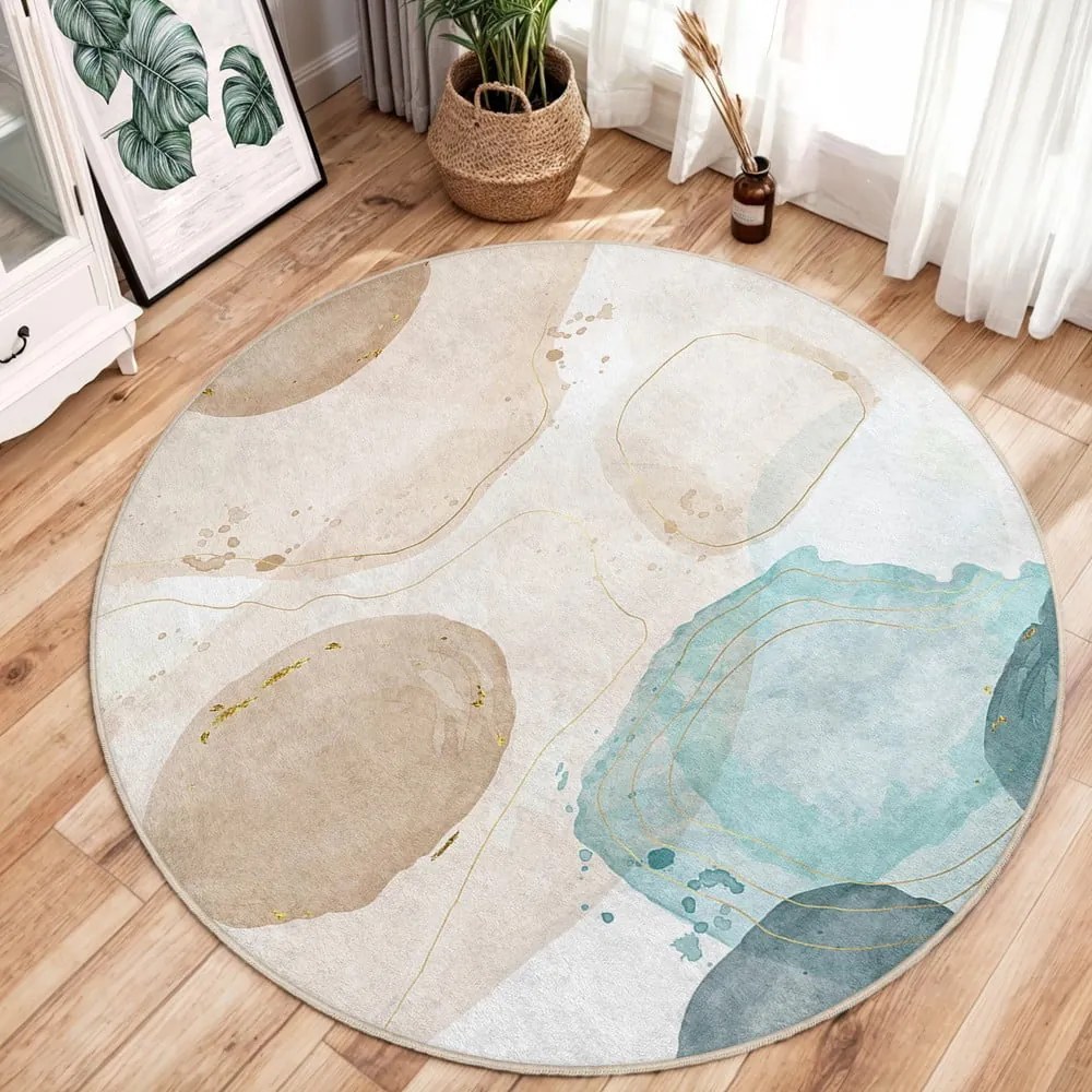 Niebiesko-beżowy okrągły dywan odpowiedni do prania ø 120 cm Puddle – Mila Home