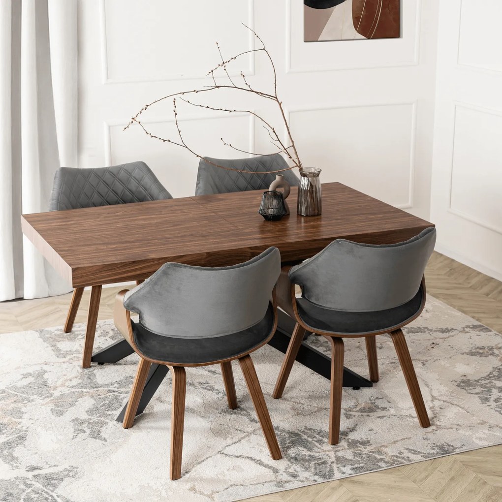 Krzesło Tapicerowane LUISE Szare/Orzech Welurowe Drewno Gięte Nowoczesne Loft