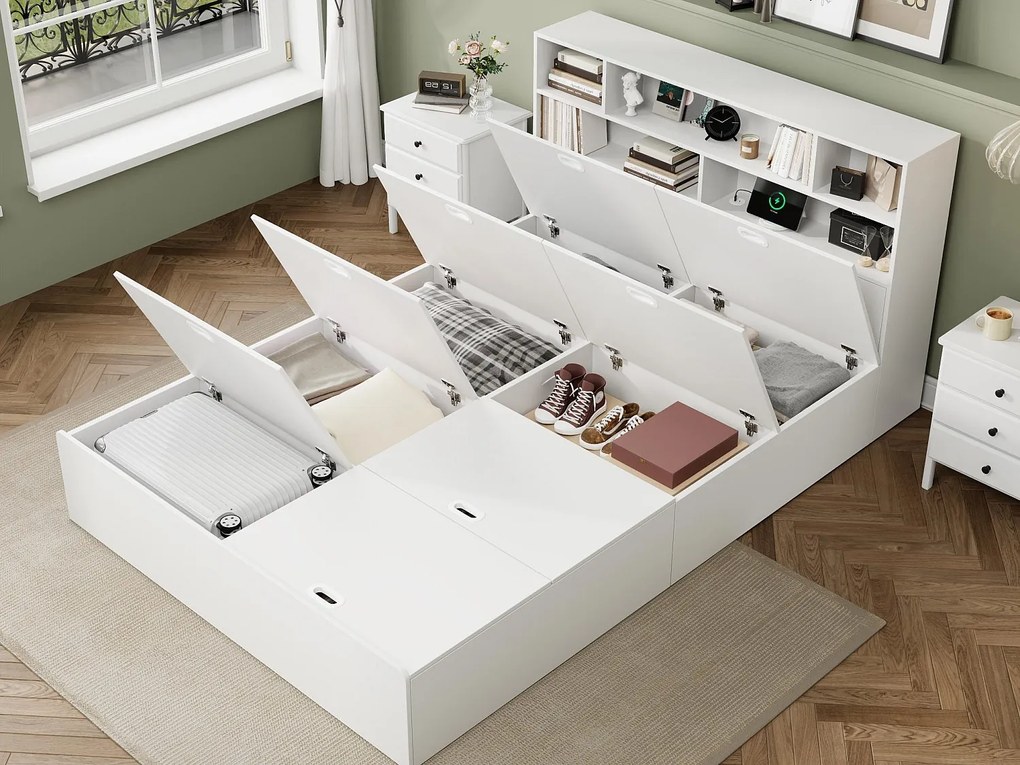 Łóżko małżeńskie 140x200 cm - schowek pod łóżkiem - z portem USB - z półką - MDF - biały