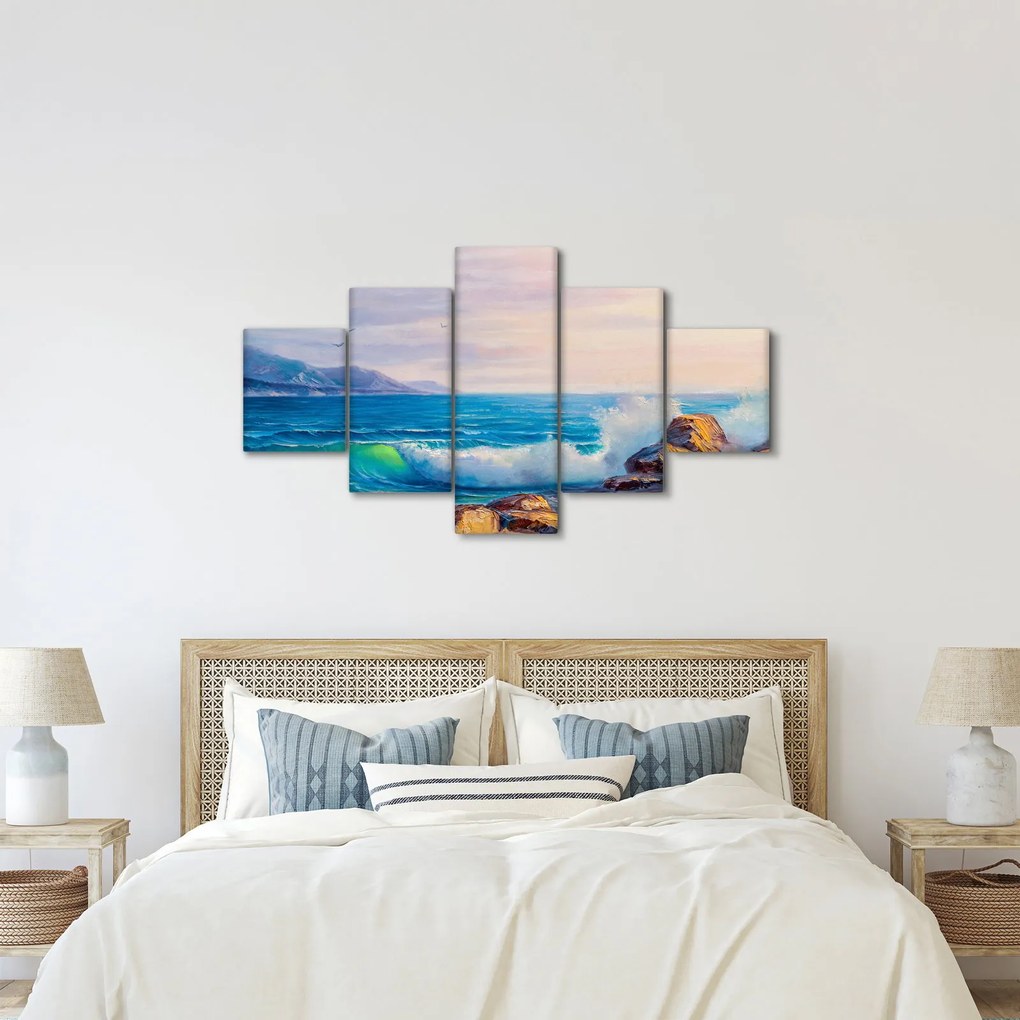 Obraz fal uderzających w klify, obraz olejny (125x70 cm)