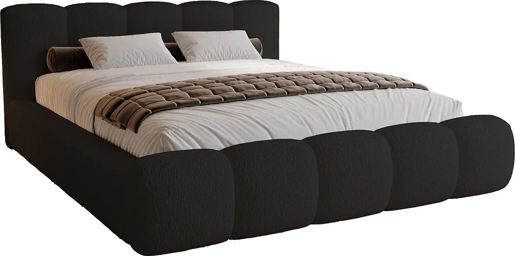 Łóżko tapicerowane 140x200 cm Ravello - łóżko z pojemnikiem, tkanina boucle czarny (Lambi 13)