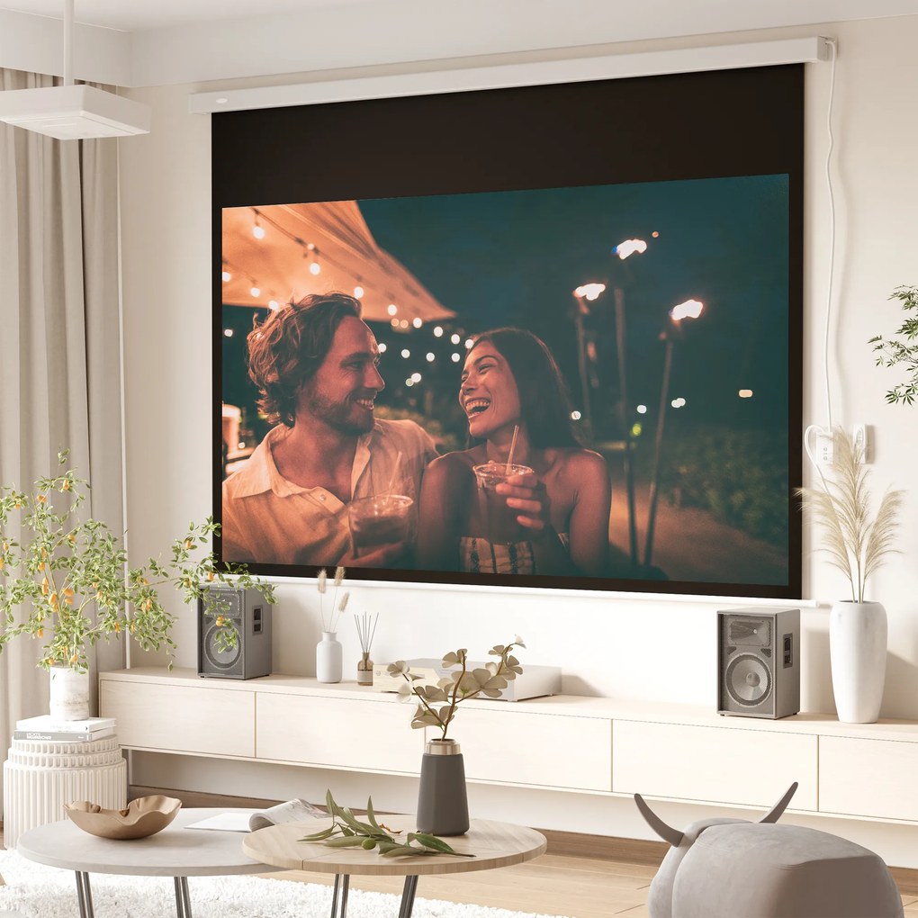HOMCOM Ekran projekcyjny 247 x 168 cm 100 cali (254 cm) 16:9 HD 4K elektryczny z pilotem, biały