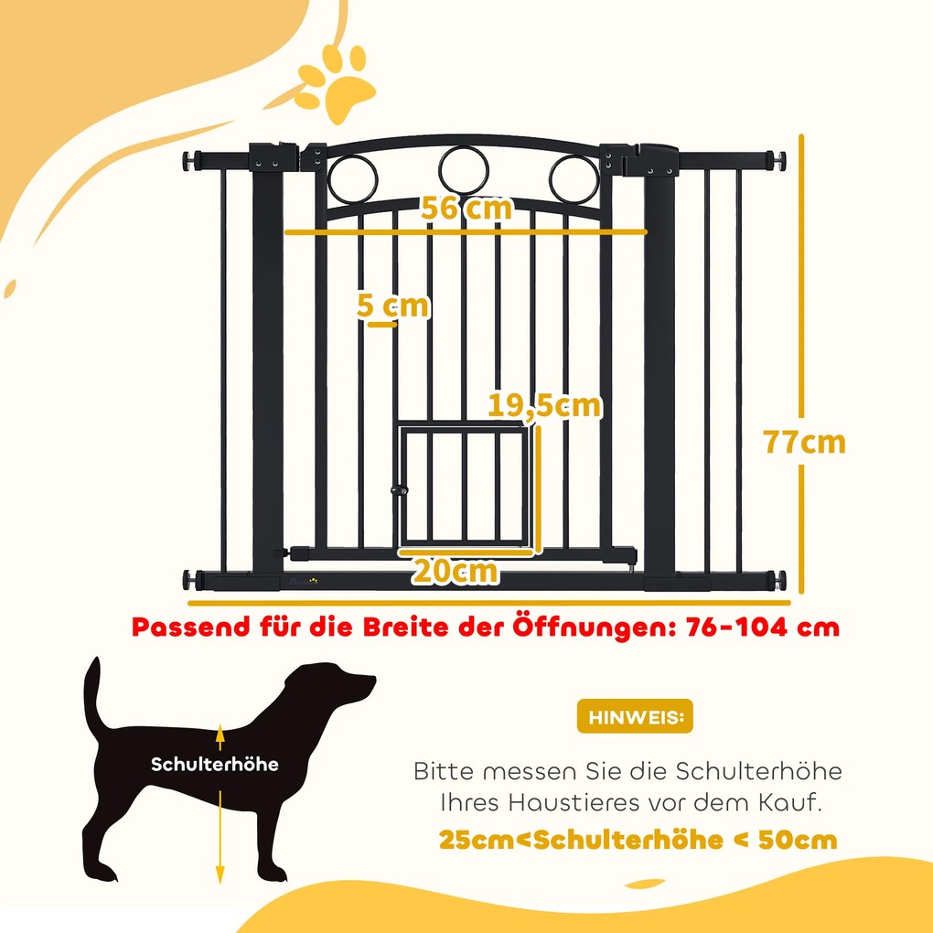 PawHut Bramka dla zwierząt regulowana 76-104 cm z drzwiczkami dla kota do schodów i drzwi czarna | Aosom PL