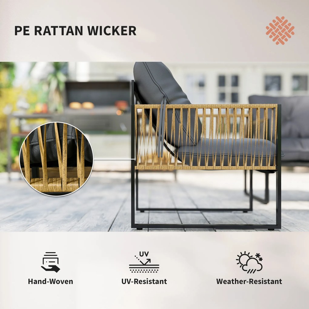 Outsunny Zestaw mebli ogrodowych, 4-elementowy, Sofa, 2 Krzesła, Stolik z blatem szklanym, Konstrukcja metalowa, Polyrattan, Antracyt