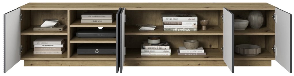 Szafka RTV Asha 200 cm z ryflowanym frontem i wnęką - artisan / rivier stone mat