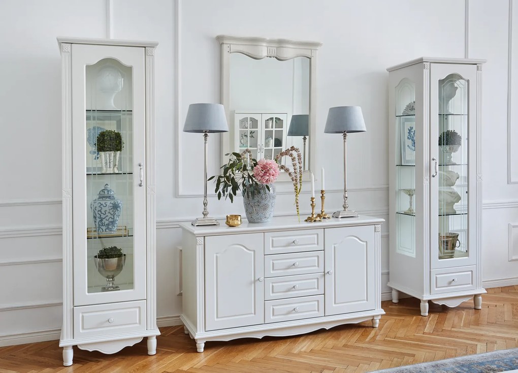 Stylowa witryna do salonu Elisabeth, wymiary 60x48x200 cm. 1-drzwiowa witryna szklana prawostronna, szuflada i szklane półki. Meble Victoria.