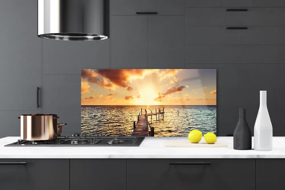 Szkło do Kuchni na Ścianę Drewniany Pomost o Zmierzchu