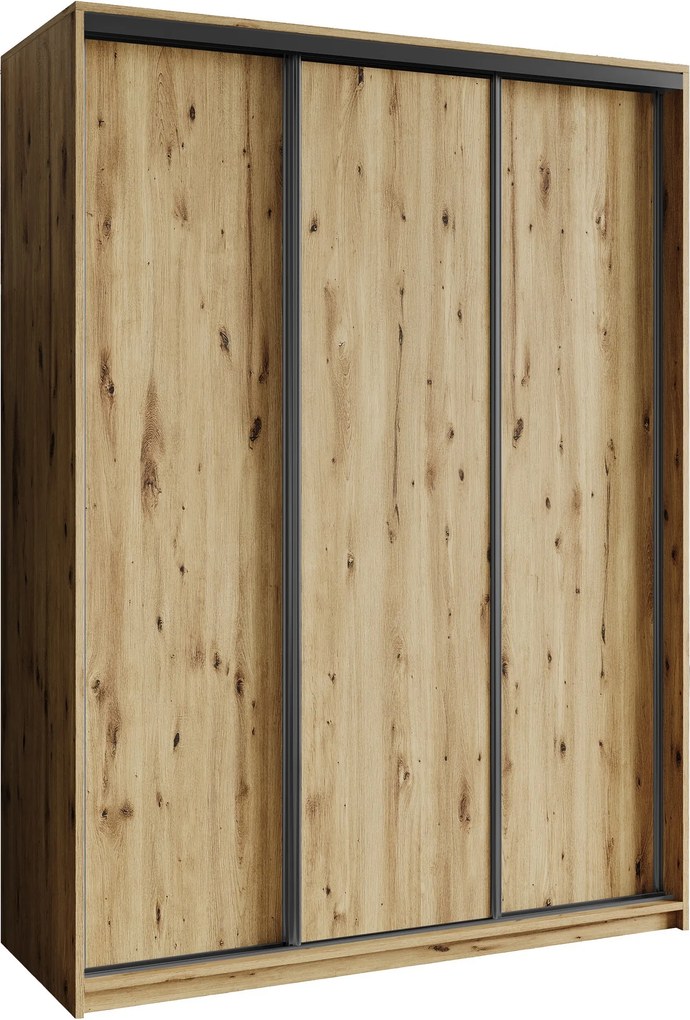 Szafa Przesuwna NISSE 150 cm Szafa Trzydrzwiowa z Szufladami Dąb Artisan / Czarne Profile