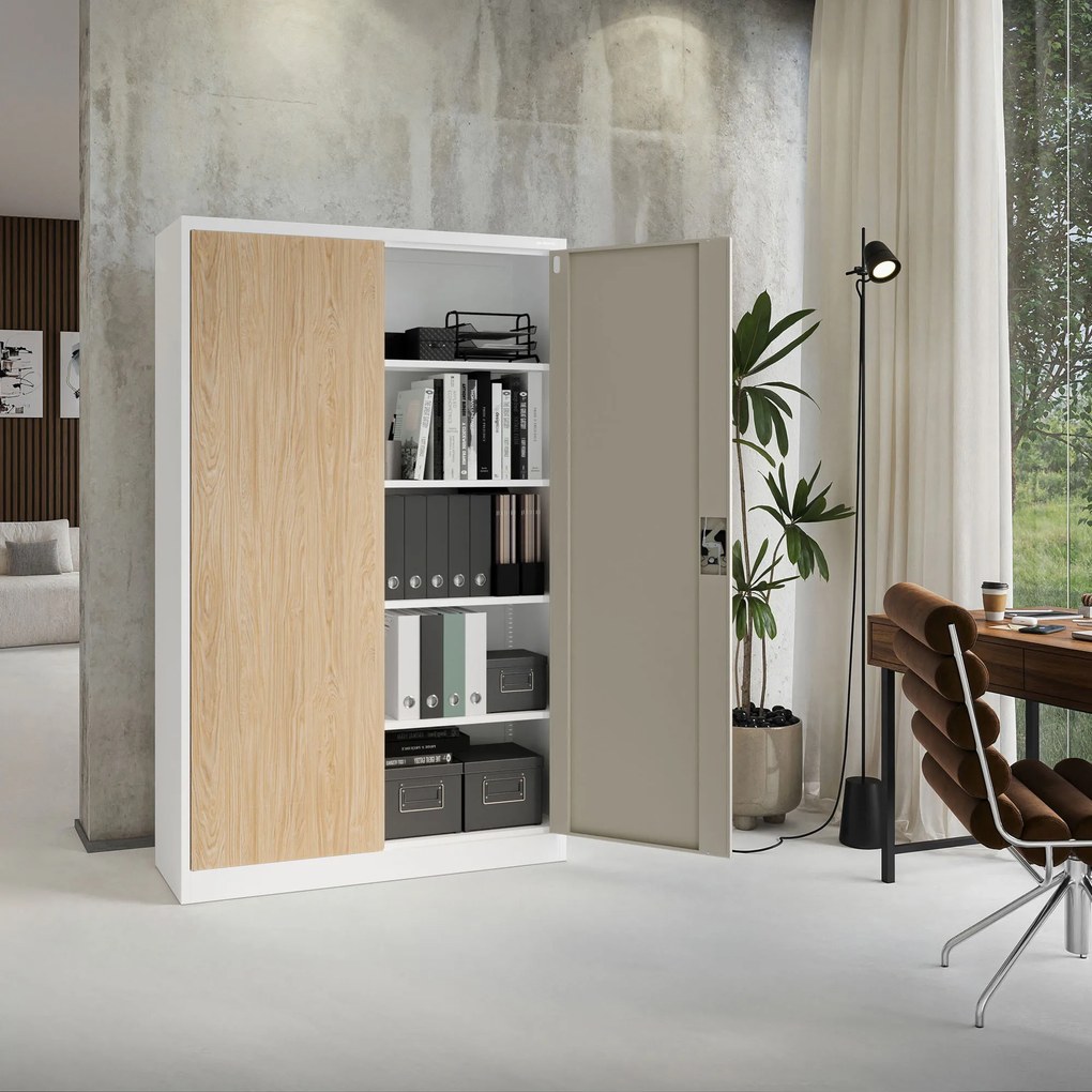Szafa biurowa metalowa na akta, szeroka, biała/dąb sonoma, 1150x1850x400 mm: JAN II Eco Design