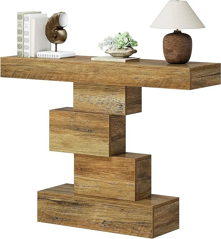108 cm konsola w stylu rustykalnym, wąski drewniany stolik za sofą z geometryczną podstawą