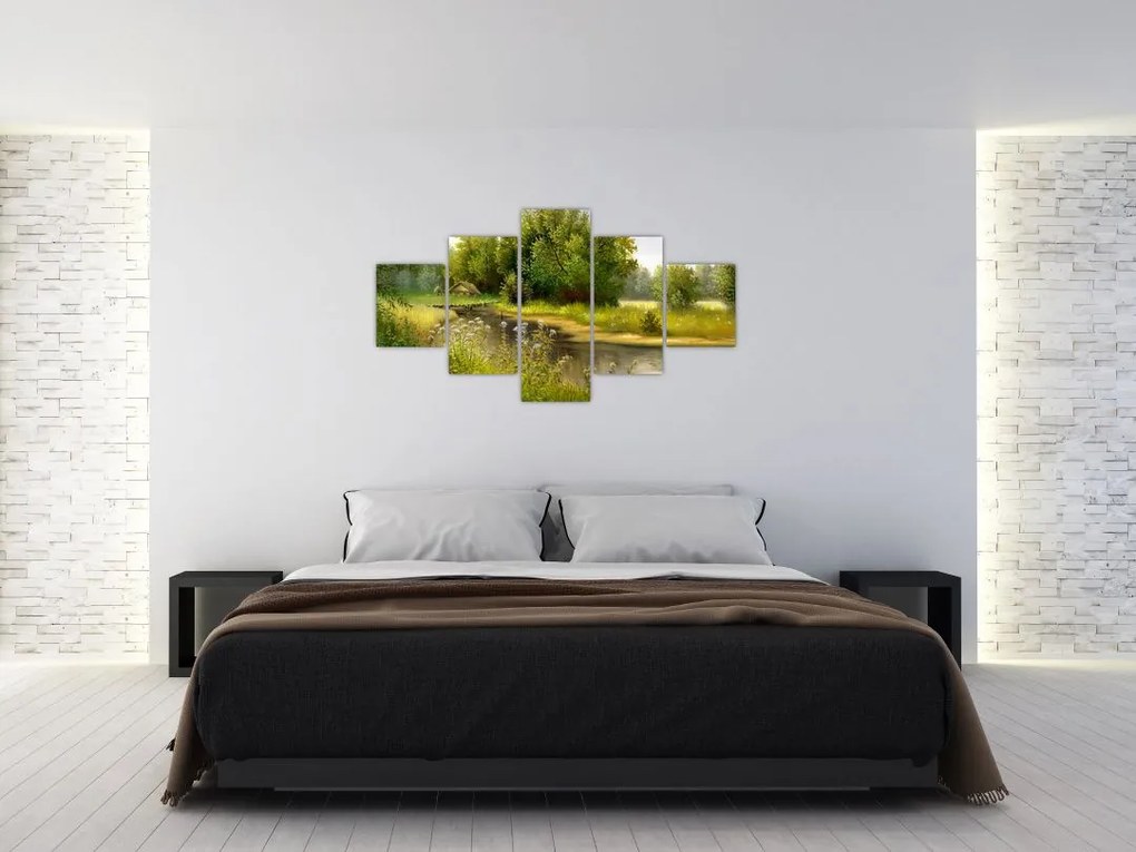 Obraz - Rzeka przy lesie, obraz olejny (125x70 cm)
