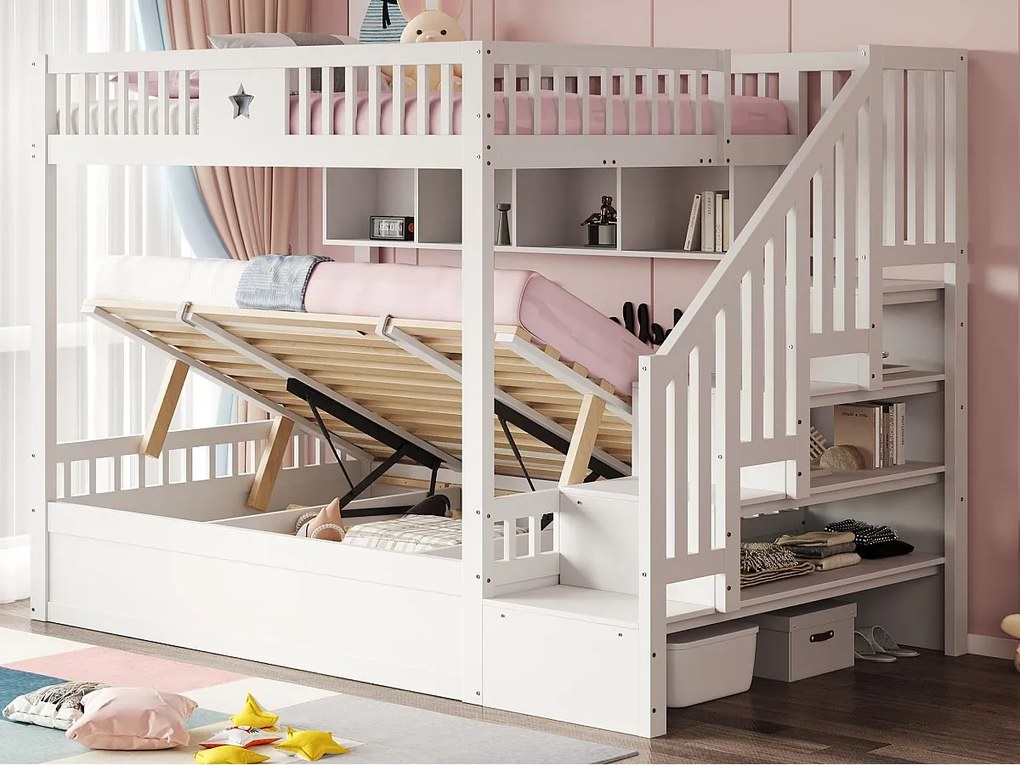 Łóżko piętrowe 140×200 cm - Łóżko z pojemnikiem pod spodem - Z drabinką bezpieczeństwa - Ze skrzynią przechowawczą - białe