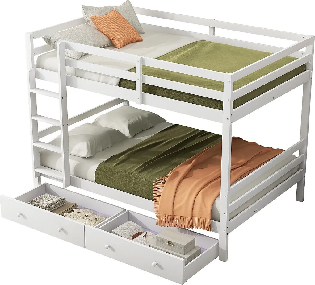 Łóżko piętrowe 140 x 200 cm z 2 dużymi szufladami - barierka i schody - drewno MDF - białe