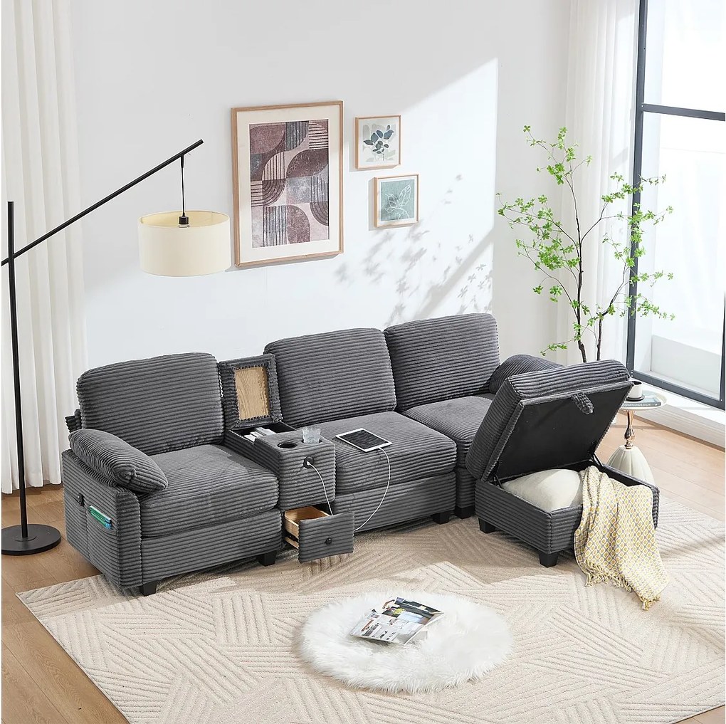 Sofa 3-osobowa, sofa sztruksowa z pufem i szufladami, 2 uchwytami na kubki i portem USB - szara