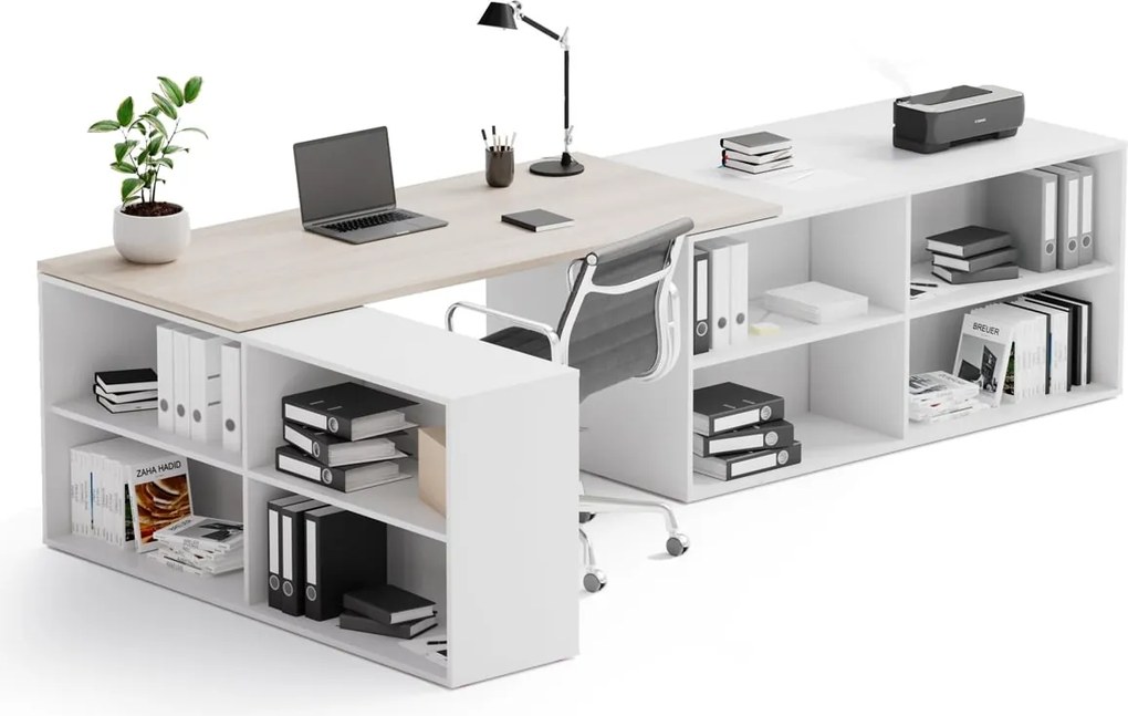 Biurko z przestrzenią do przechowywania BLOCK B02, 320x160 cm, biały/dąb naturalny