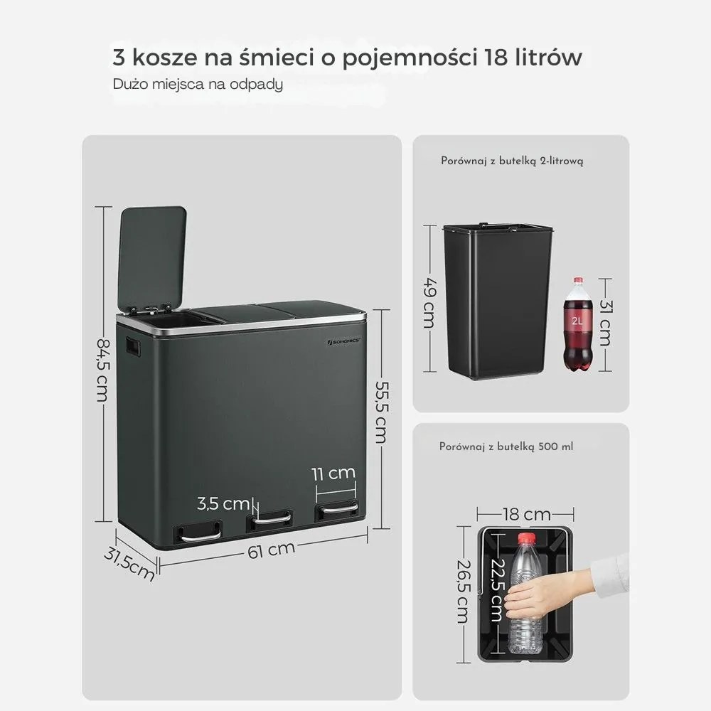 Kosz do segregacji odpadów SORT 54 l (3×18 l), antracyt/srebrny SongmicsHome