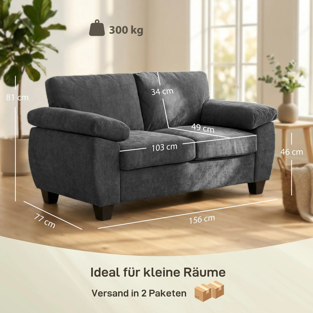 HOMCOM Sofa 2-osobowa, 156 cm sofa Chenille z grubymi poduszkami sprężynowymi, szerokimi tapicerowanymi podłokietnikami, obciążenie 300 kg, ciemnoszara | Aosom PL