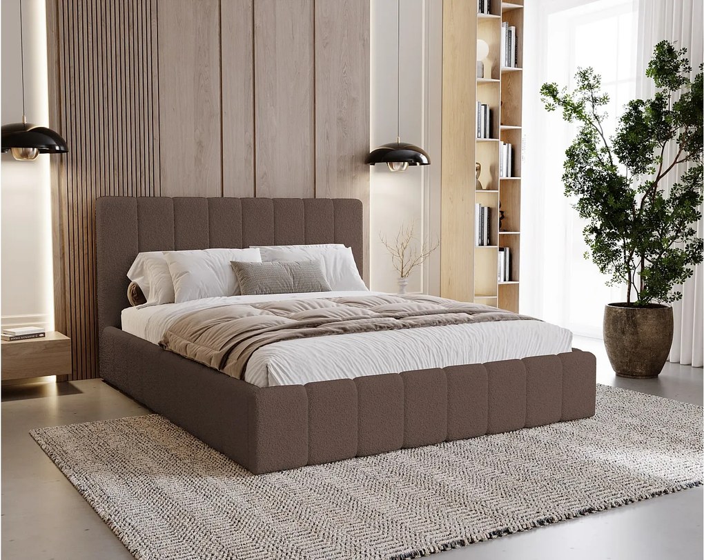 BESILIO Sypialnia łóżko slim 140x200 Lexy - stelaż metalowy, pojemnik na pościel, slim łóżko, tkanina boucle - Brązowy