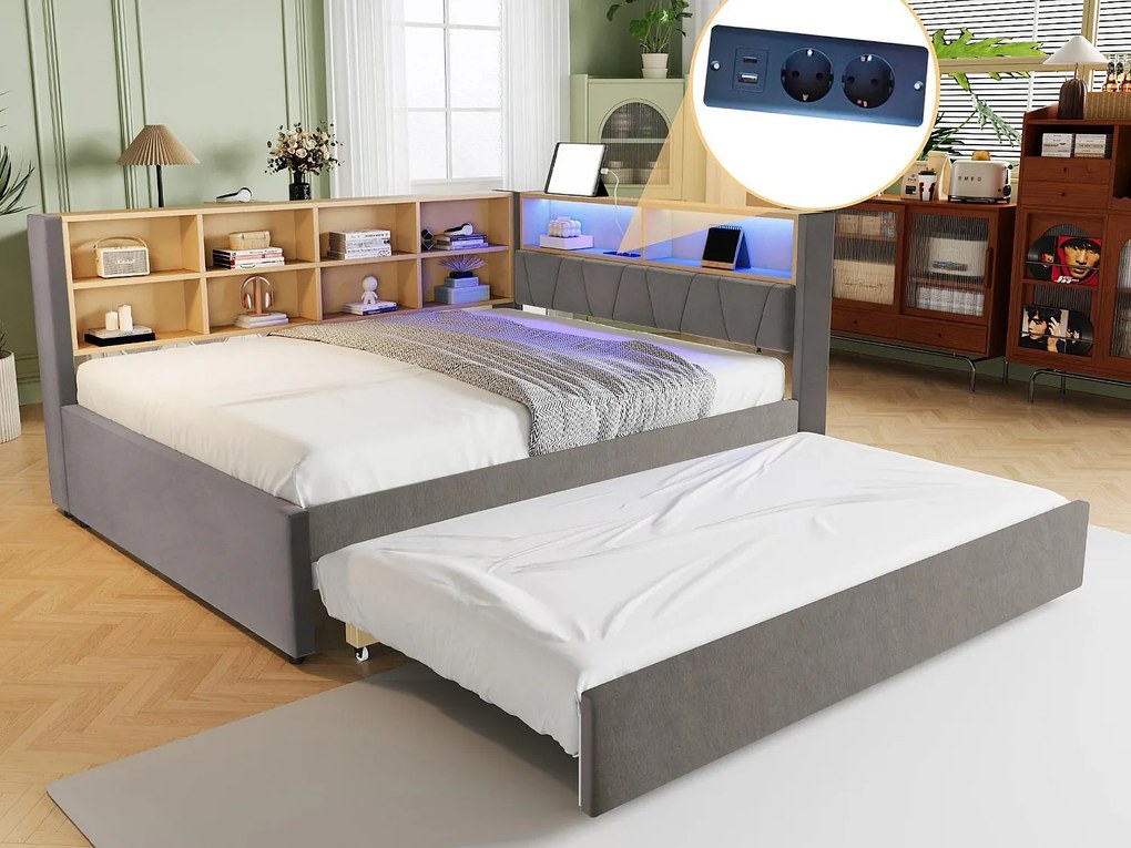 Kanapa rozkładana 140x200 - z łóżkiem wysuwanym 90x190 cm - z gniazdem USB - liczne schowki - tapicerowane łóżko - ciemnoszary (materac nie wchodzi w skład zestawu)