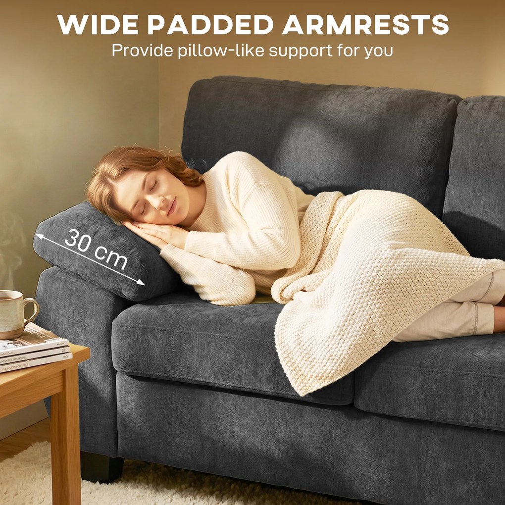 HOMCOM Sofa 2-osobowa, 156 cm sofa Chenille z grubymi poduszkami sprężynowymi, szerokimi tapicerowanymi podłokietnikami, obciążenie 300 kg, ciemnoszara | Aosom PL